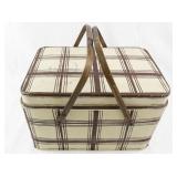 Vintage Metal Plaid Picnic Basket with Wooden Handles