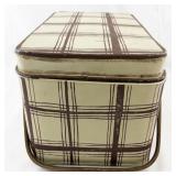 Vintage Metal Plaid Picnic Basket with Wooden Handles