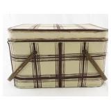 Vintage Metal Plaid Picnic Basket with Wooden Handles