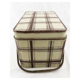 Vintage Metal Plaid Picnic Basket with Wooden Handles