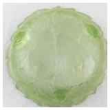 Vintage Green Uranium Glass Bowl with Pear and Leaf Motif