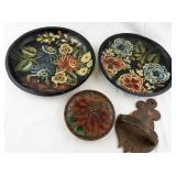 Collection of 4 Vintage Hand-Painted Decorative Wood Trays and Wall Plaque