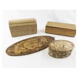 Collection of Vintage Wood Burned Boxes and Floral Wall Plaque
