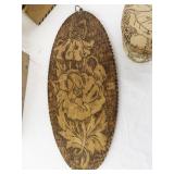 Collection of Vintage Wood Burned Boxes and Floral Wall Plaque