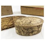 Collection of Vintage Wood Burned Boxes and Floral Wall Plaque