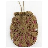 Vintage Crocheted Drawstring Purse with Pink Lining