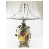 Vintage Floral Painted Glass Table Lamp with Ornate Metal Base -Working