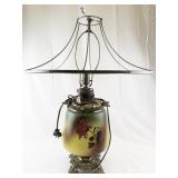 Vintage Floral Painted Glass Table Lamp with Ornate Metal Base -Working