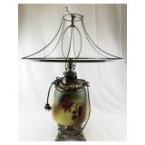 Vintage Floral Painted Glass Table Lamp with Ornate Metal Base -Working