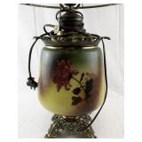 Vintage Floral Painted Glass Table Lamp with Ornate Metal Base -Working
