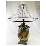 Vintage Floral Painted Glass Table Lamp with Ornate Metal Base -Working