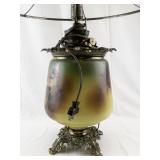 Vintage Floral Painted Glass Table Lamp with Ornate Metal Base -Working