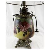 Vintage Floral Painted Glass Table Lamp with Ornate Metal Base -Working