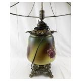 Vintage Floral Painted Glass Table Lamp with Ornate Metal Base -Working
