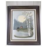 Framed Landscape Oil Painting with Cabin and Lake Scene