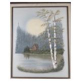 Framed Landscape Oil Painting with Cabin and Lake Scene