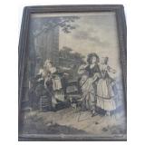 Antique Wooden Jewelry Box with Mirror and Framed Art Lid