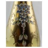 Gold Glass Vase with Hand-Painted Floral Art and Raised Detailing