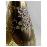 Gold Glass Vase with Hand-Painted Floral Art and Raised Detailing