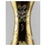 Gold Glass Vase with Hand-Painted Floral Art and Raised Detailing