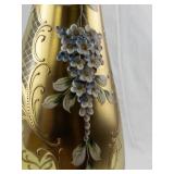 Gold Glass Vase with Hand-Painted Floral Art and Raised Detailing