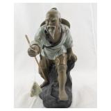 Vintage Shiwan Chinese Mudman Figurine Fisherman with Hat and Pole
