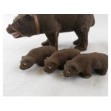 Vintage Flocked Bear Family Figurine Set with Three Cubs