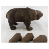 Vintage Flocked Bear Family Figurine Set with Three Cubs