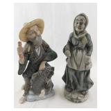 Pair of Vintage Japanese Porcelain Figurines Elderly Fisherman and Woman