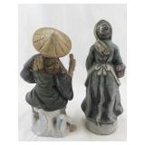 Pair of Vintage Japanese Porcelain Figurines Elderly Fisherman and Woman