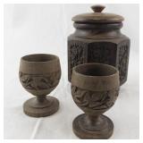 Carved Wooden Jar with Lid and 2 Goblets Set
