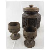 Carved Wooden Jar with Lid and 2 Goblets Set