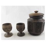 Carved Wooden Jar with Lid and 2 Goblets Set