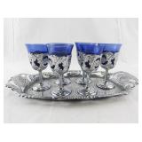 Set of 6 Blue Glass Cordial Goblets with Ornate Silver Holders and Tray