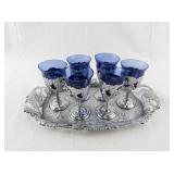 Set of 6 Blue Glass Cordial Goblets with Ornate Silver Holders and Tray