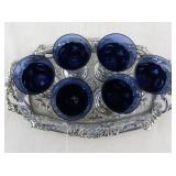 Set of 6 Blue Glass Cordial Goblets with Ornate Silver Holders and Tray