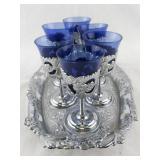 Set of 6 Blue Glass Cordial Goblets with Ornate Silver Holders and Tray