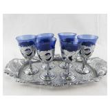 Set of 6 Blue Glass Cordial Goblets with Ornate Silver Holders and Tray