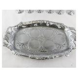 Set of 6 Blue Glass Cordial Goblets with Ornate Silver Holders and Tray