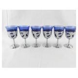 Set of 6 Blue Glass Cordial Goblets with Ornate Silver Holders and Tray