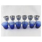 Set of 6 Blue Glass Cordial Goblets with Ornate Silver Holders and Tray