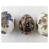 Collection of 3 Decorative Egg Figurines including The Egg Lady and Ukrainian Pysanka Style