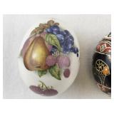 Collection of 3 Decorative Egg Figurines including The Egg Lady and Ukrainian Pysanka Style
