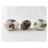 Collection of 3 Decorative Egg Figurines including The Egg Lady and Ukrainian Pysanka Style