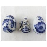 Blue and White Delft-Style Porcelain Eggs and Dutch Girl Figurine Set