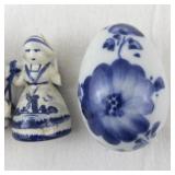 Blue and White Delft-Style Porcelain Eggs and Dutch Girl Figurine Set