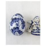 Blue and White Delft-Style Porcelain Eggs and Dutch Girl Figurine Set