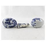 Blue and White Delft-Style Porcelain Eggs and Dutch Girl Figurine Set