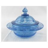 Depression Glass Blue Lidded Dish with Floral Pattern