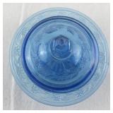 Depression Glass Blue Lidded Dish with Floral Pattern